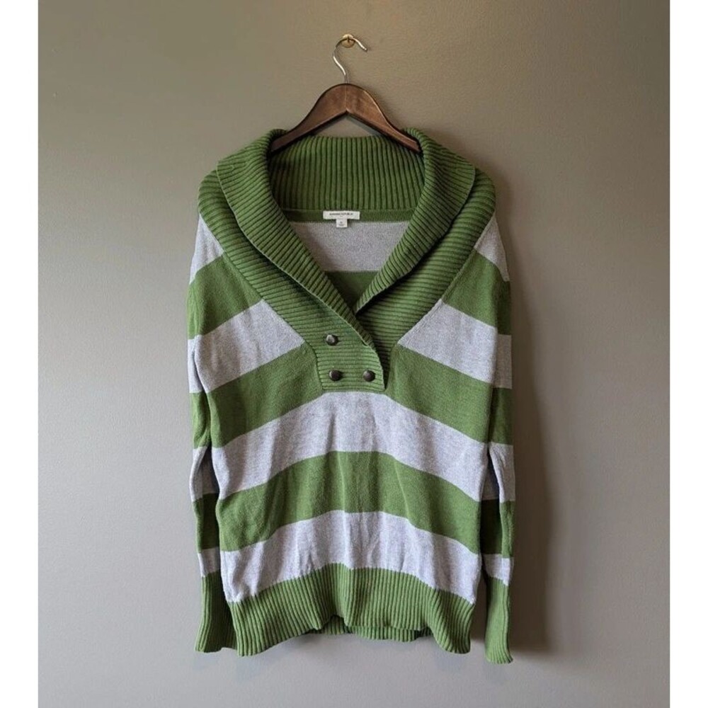 Banana Republic Womens XL Shawl Collar Sweater Green Gray Striped Pullover